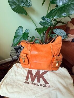 Michael Kors Orange Leather Shoulder Bag with Front Zip Pockets